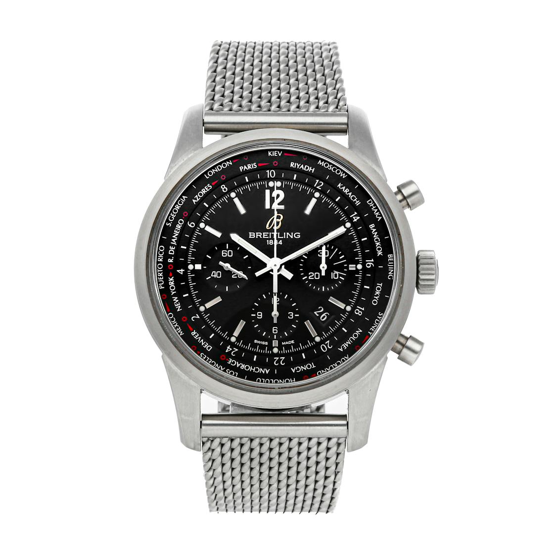 All Archived Products Breitling Archived Transocean BREITLING TRANSOCEAN  UNITIME PILOT CHRONOGRAPH 46MM BLACK STEEL CASE BLACK DIAL BLACK STEEL MESH  BRACELET MB0510U6/BC80